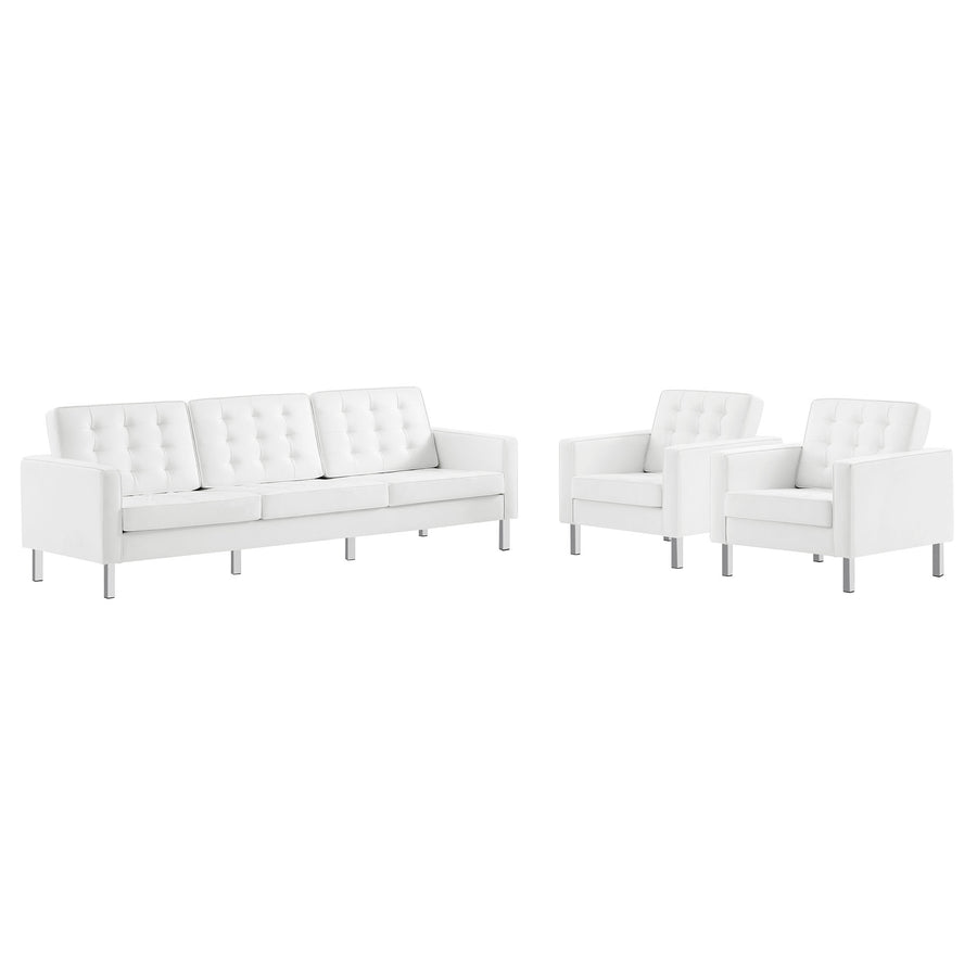 Mesa 3-Piece Tufted Vegan Leather Furniture Set in Silver White