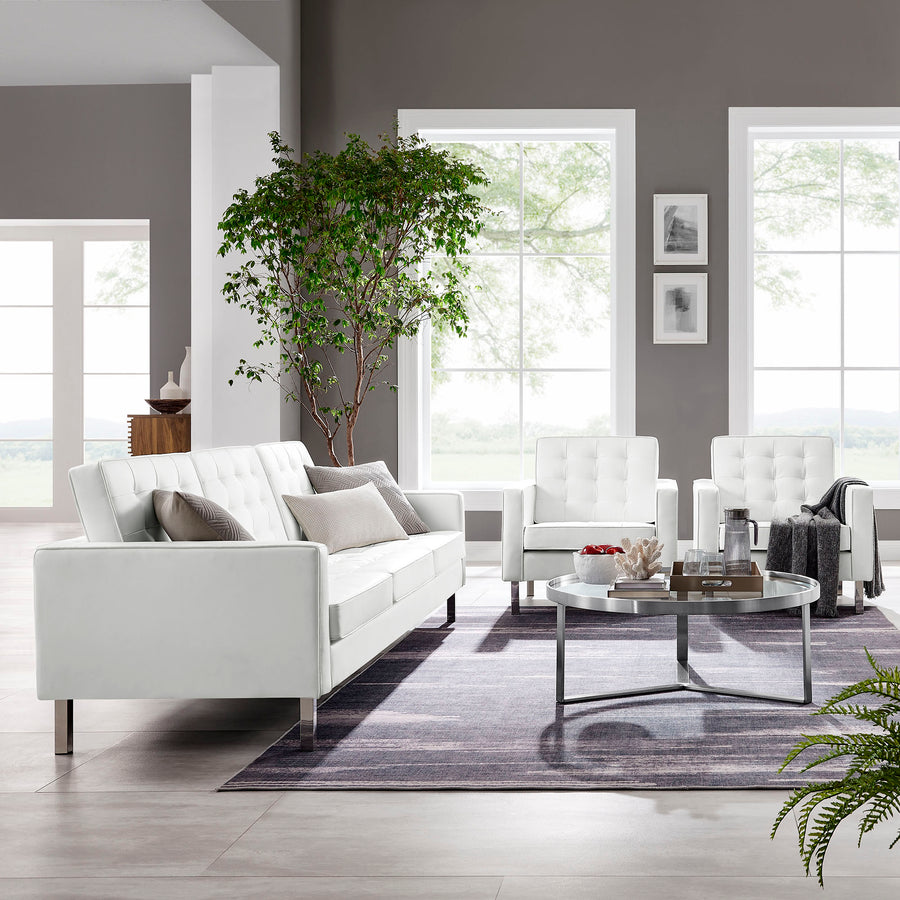 Mesa 3-Piece Tufted Vegan Leather Furniture Set in Silver White
