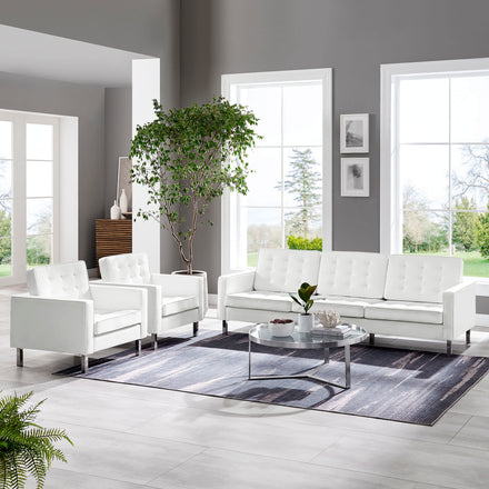 Loft 3-Piece Tufted Vegan Leather Furniture Set in Silver White