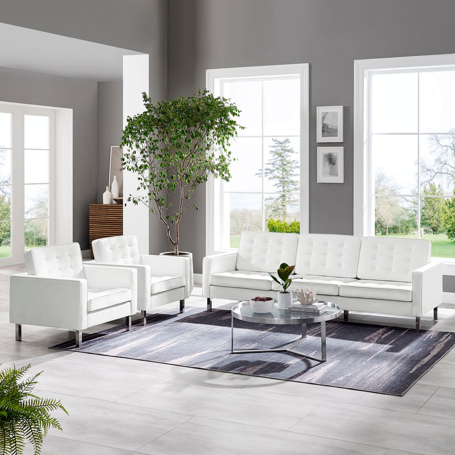 Mesa 3-Piece Tufted Vegan Leather Furniture Set in Silver White