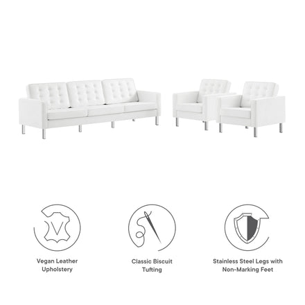 Loft 3-Piece Tufted Vegan Leather Furniture Set in Silver White