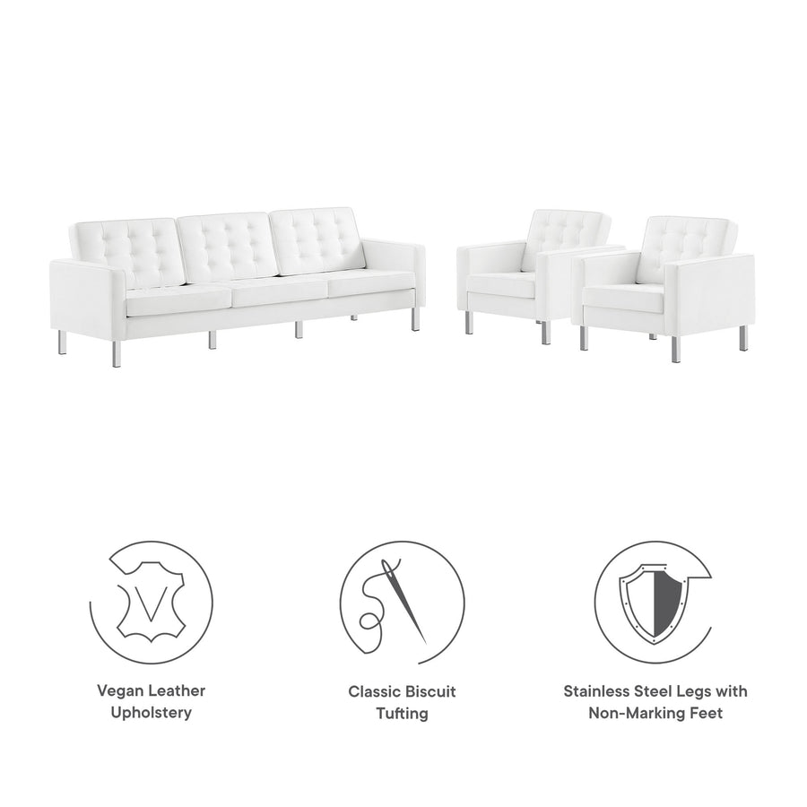 Mesa 3-Piece Tufted Vegan Leather Furniture Set in Silver White