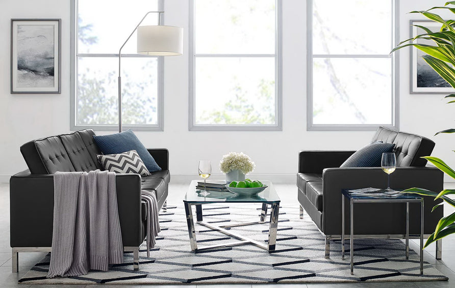 Mesa 2-Piece Tufted Vegan Leather Furniture Set in Silver Black