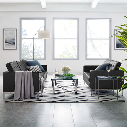 Loft 2-Piece Tufted Vegan Leather Furniture Set in Silver Black