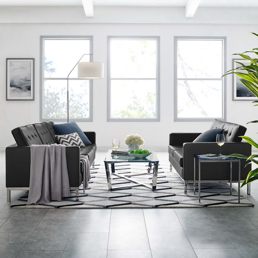 Mesa 2-Piece Tufted Vegan Leather Furniture Set in Silver Black