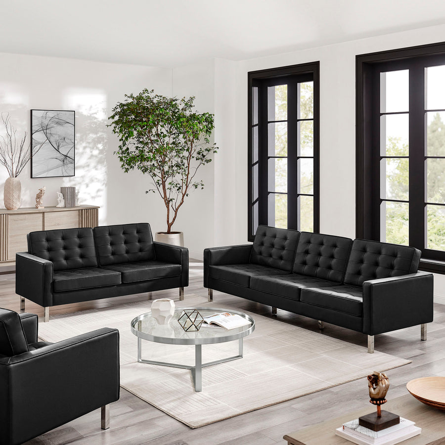 Mesa 2-Piece Tufted Vegan Leather Furniture Set in Silver Black