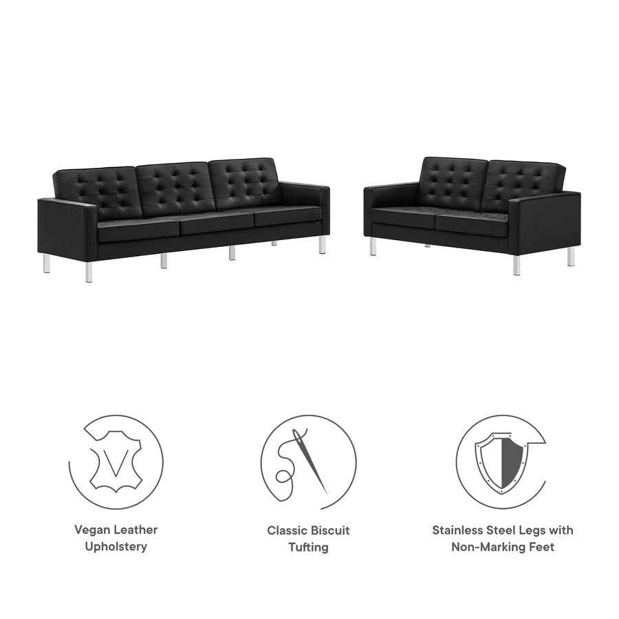 Mesa 2-Piece Tufted Vegan Leather Furniture Set in Silver Black