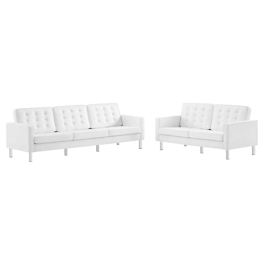Mesa 2-Piece Tufted Vegan Leather Furniture Set in Silver White