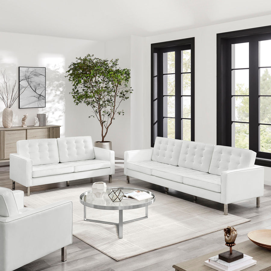 Mesa 2-Piece Tufted Vegan Leather Furniture Set in Silver White