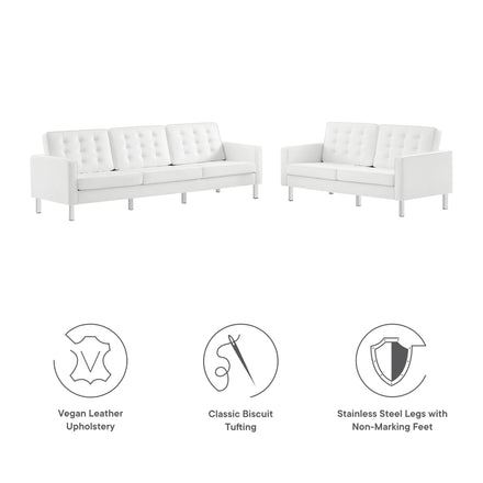 Loft 2-Piece Tufted Vegan Leather Furniture Set in Silver White