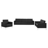 Mesa 3 Piece Tufted Upholstered Faux Leather Set in Silver Black