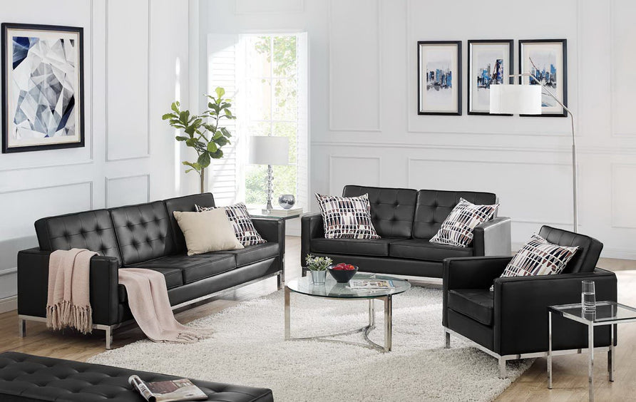 Mesa 3 Piece Tufted Upholstered Faux Leather Set in Silver Black