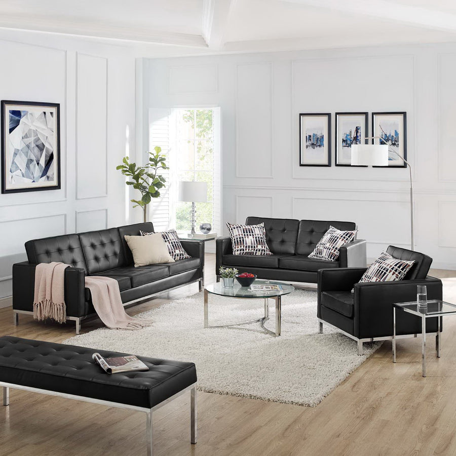 Mesa 3 Piece Tufted Upholstered Faux Leather Set in Silver Black