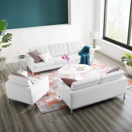 Loft 3 Piece Tufted Upholstered Faux Leather Set in Silver White
