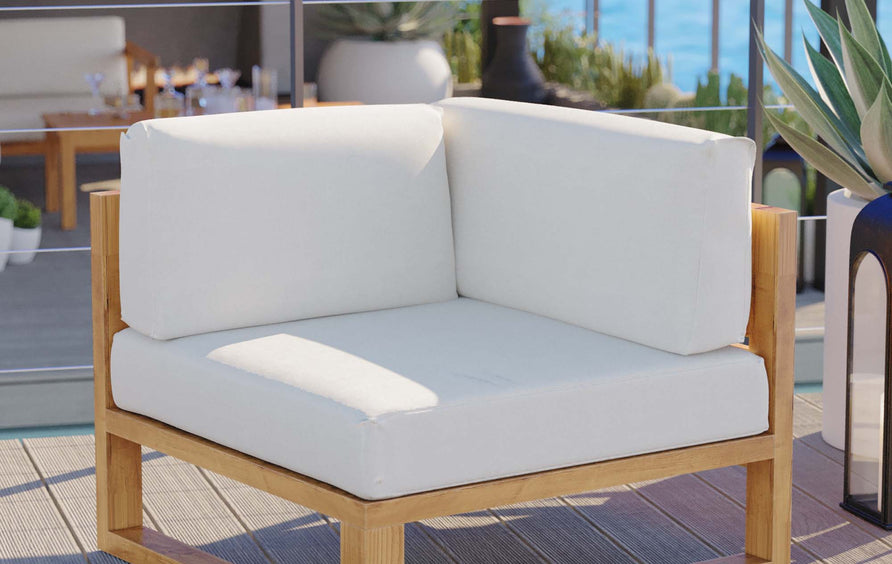 Cedar Outdoor Patio Teak Wood Corner Chair in Natural White
