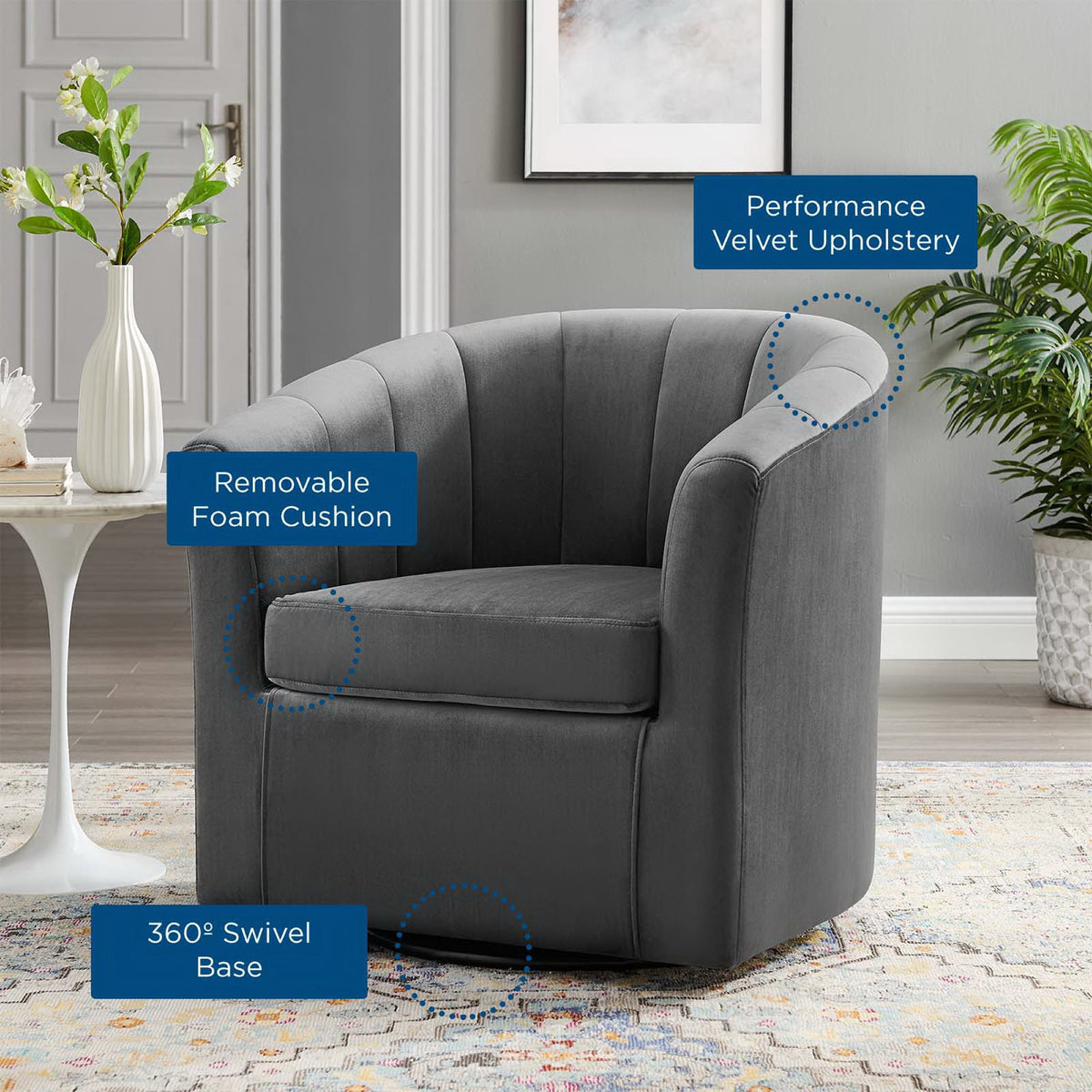 Prospect Performance Velvet Swivel Armchair in Charcoal