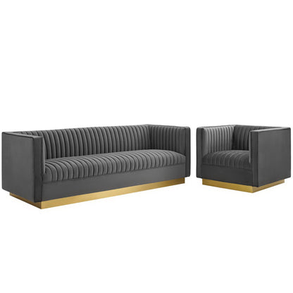 Sanguine Vertical Channel Tufted Upholstered Performance Velvet Sofa and Armchair Set by Furniture For America