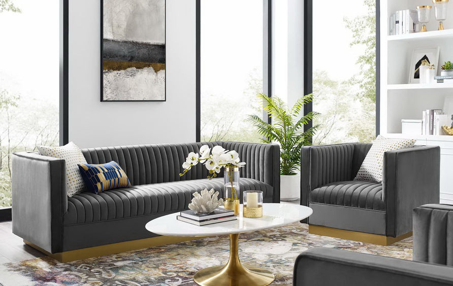 Soren Vertical Channel Tufted Upholstered Performance Velvet Sofa and Armchair Set in Gray