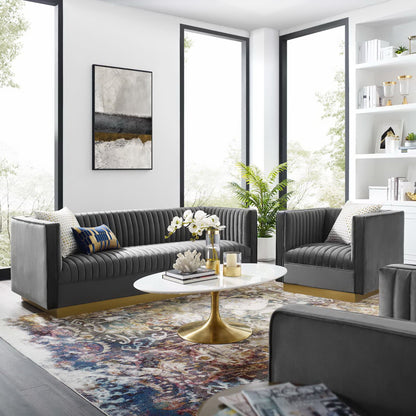 Sanguine Vertical Channel Tufted Upholstered Performance Velvet Sofa and Armchair Set by Furniture For America