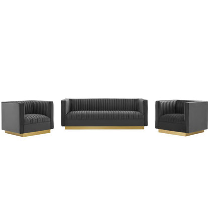 Sanguine 3 Piece Vertical Channel Tufted Upholstered Performance Velvet Set by Furniture For America