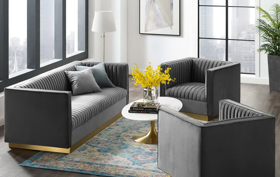Soren 3 Piece Vertical Channel Tufted Upholstered Performance Velvet Set in Gray