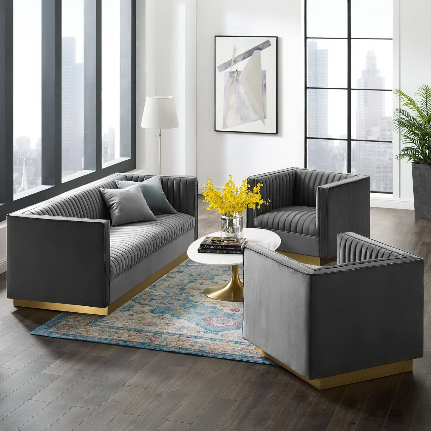Sanguine 3 Piece Vertical Channel Tufted Upholstered Performance Velvet Set by Furniture For America