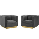 Soren Vertical Channel Tufted Upholstered Performance Velvet Armchair Set of 2 in Gray