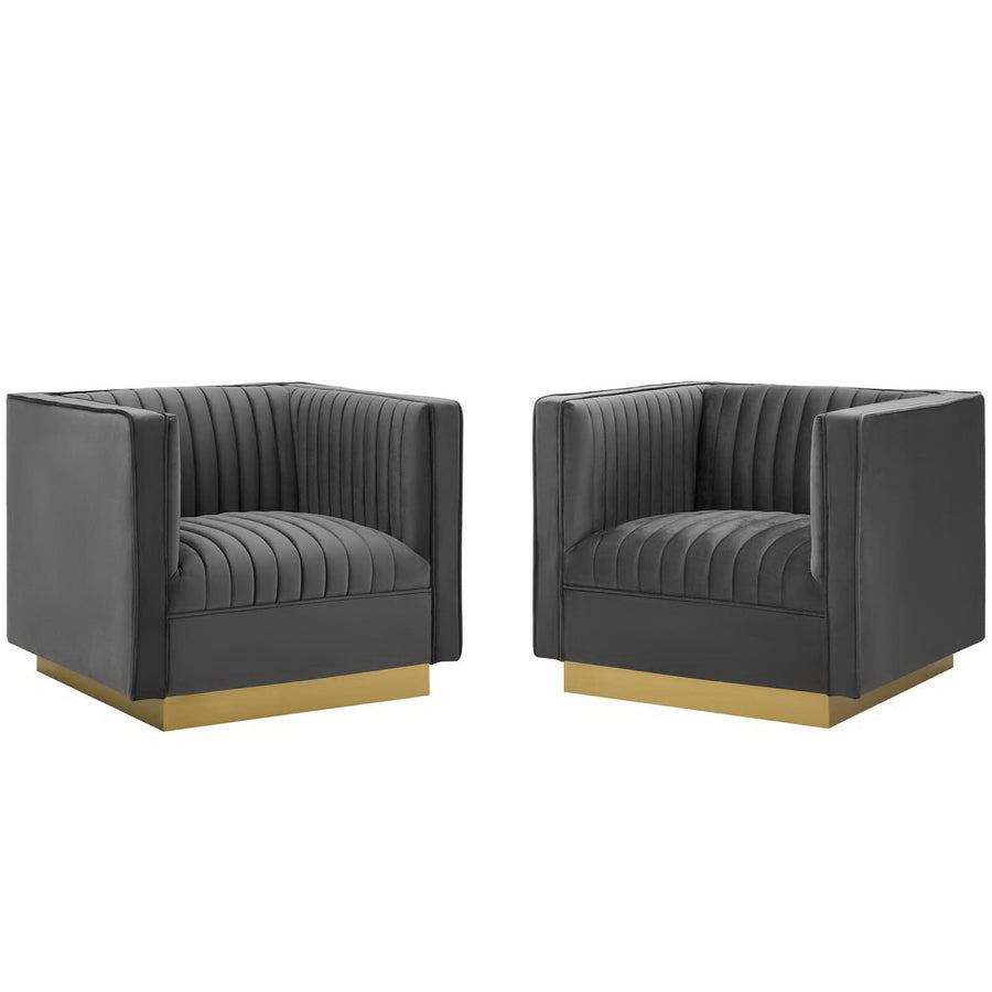 Soren Vertical Channel Tufted Upholstered Performance Velvet Armchair Set of 2 in Gray