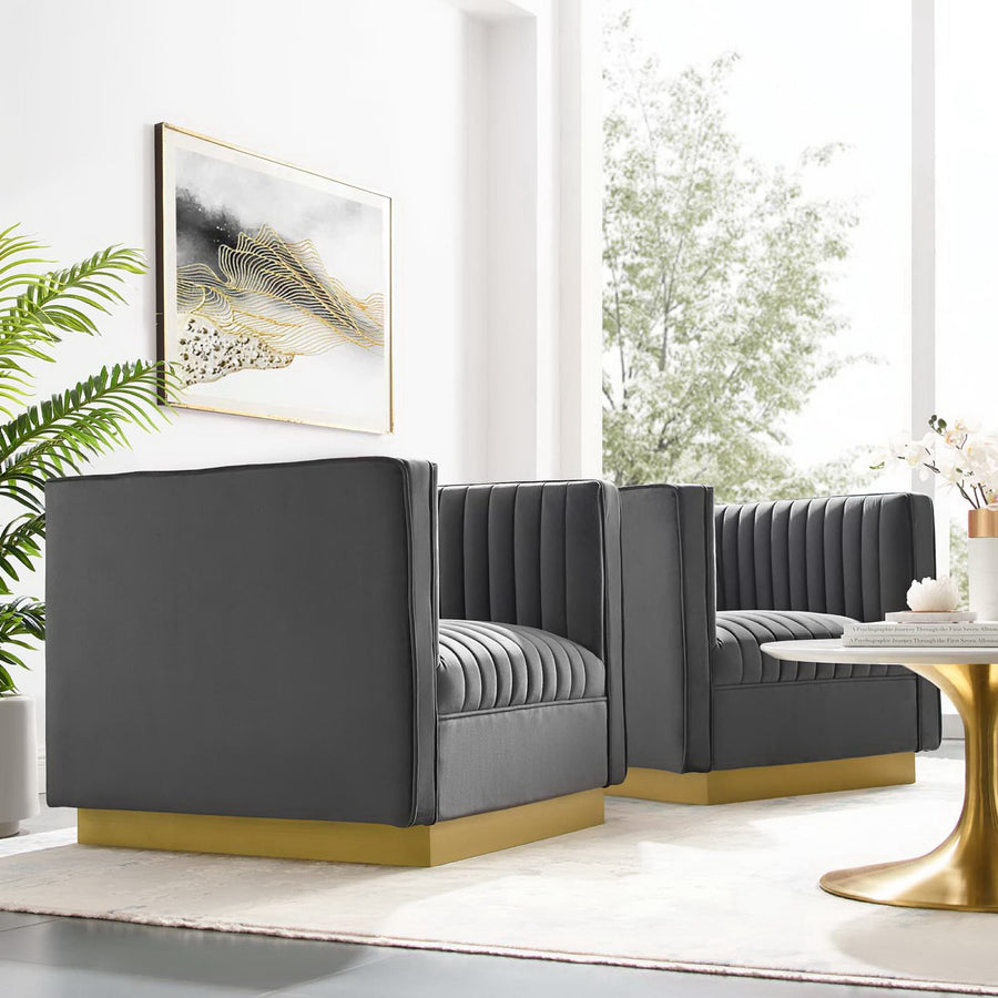 Soren Vertical Channel Tufted Upholstered Performance Velvet Armchair Set of 2 in Gray
