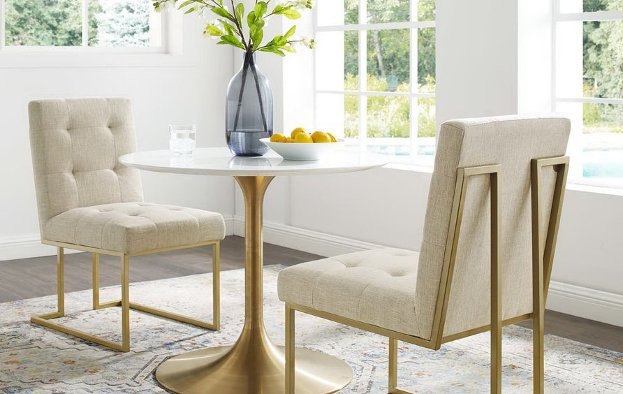Indigo Gold Stainless Steel Upholstered Fabric Dining Accent Chair Set of 2 in Gold Beige