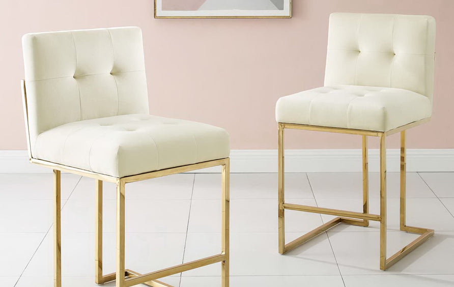 Indigo Gold Stainless Steel Performance Velvet Counter Stool Set of 2 in Gold Ivory