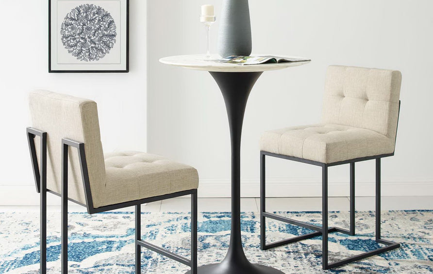 Indigo Black Stainless Steel Upholstered Fabric Counter Stool Set of 2 in Black Beige
