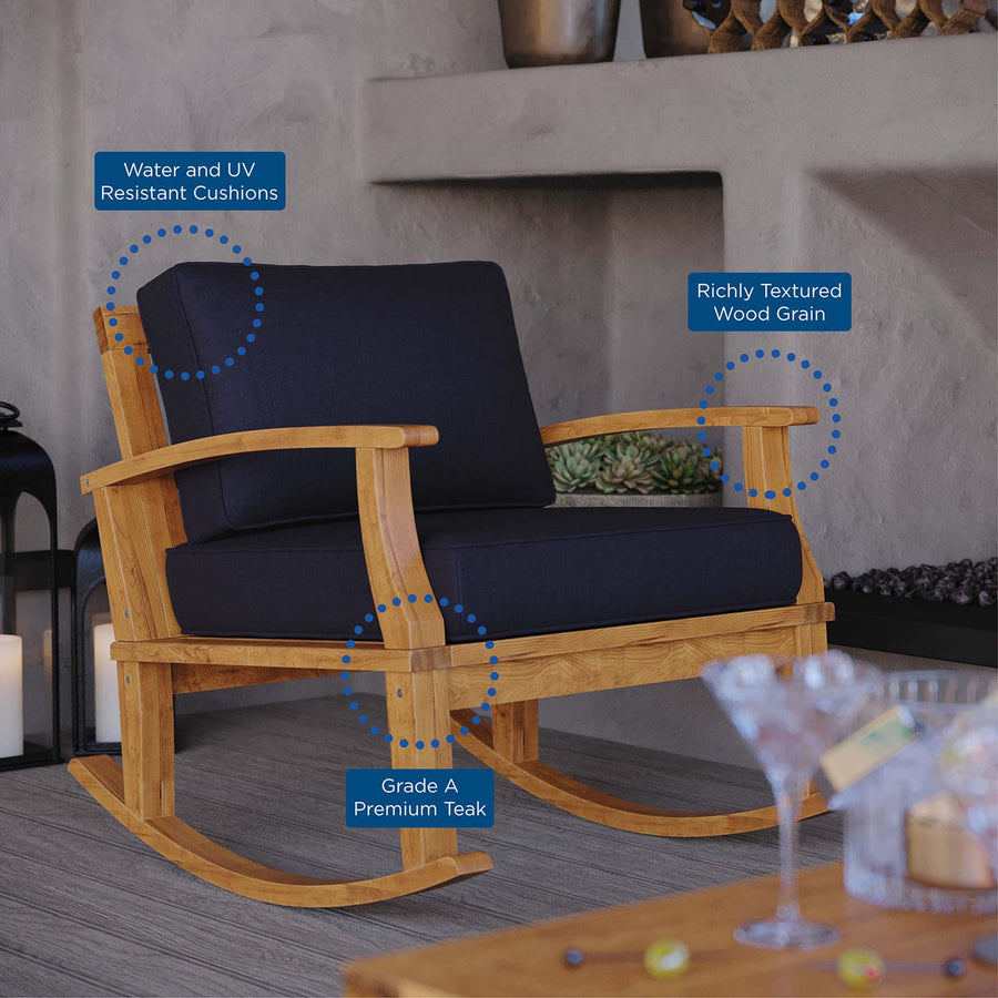 Cove Outdoor Patio Teak Rocking Chair in Natural Navy
