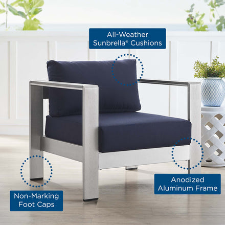 Shore Sunbrella® Fabric Aluminum Outdoor Patio Armchair in Silver Navy