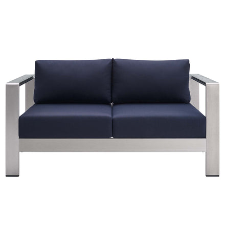 Shore Sunbrella® Fabric Aluminum Outdoor Patio Loveseat in Silver Navy