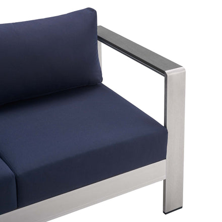 Shore Sunbrella® Fabric Aluminum Outdoor Patio Loveseat in Silver Navy