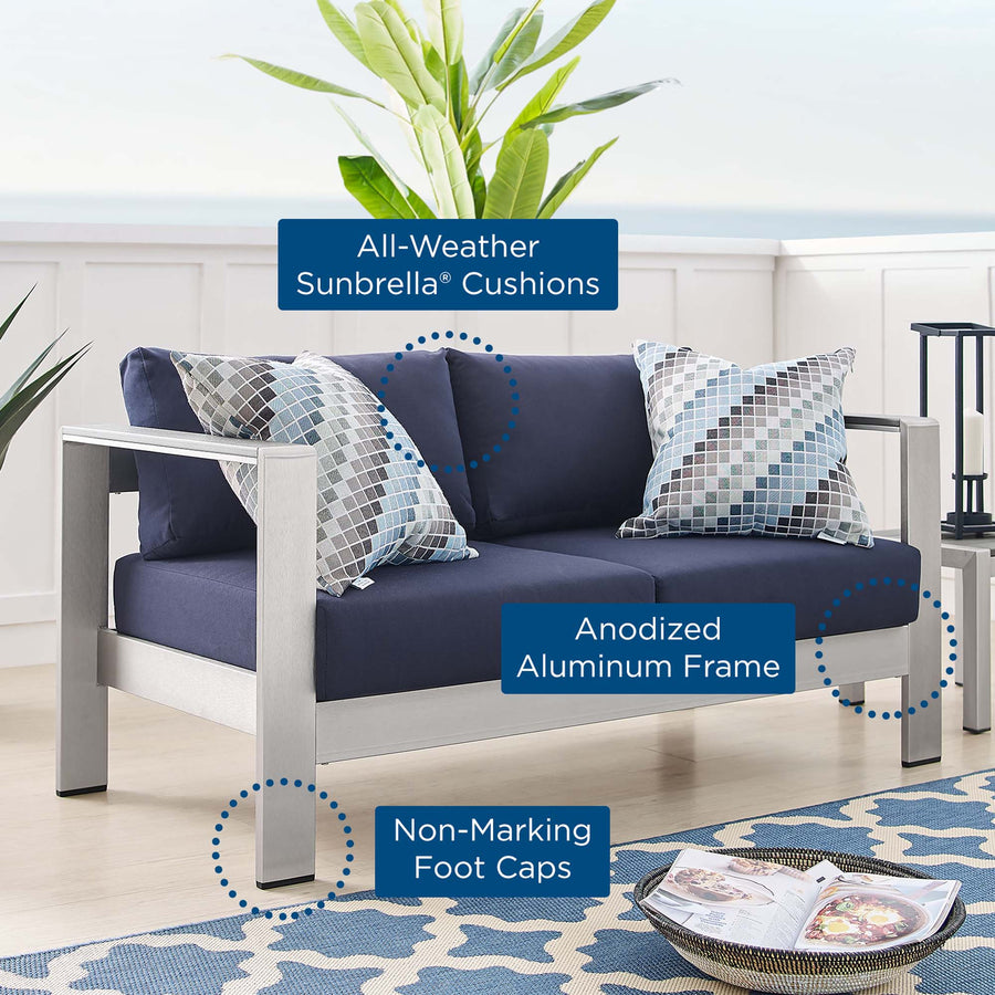 Marlow Sunbrella® Fabric Aluminum Outdoor Patio Loveseat in Silver Navy