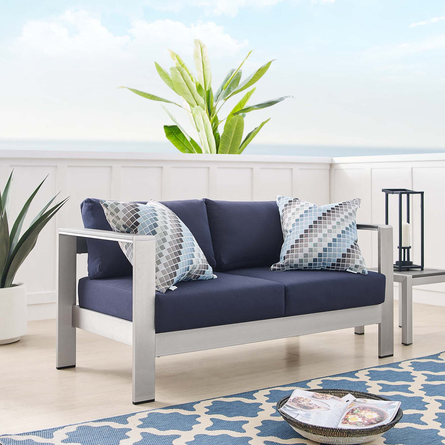 Marlow Sunbrella® Fabric Aluminum Outdoor Patio Loveseat in Silver Navy