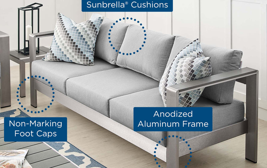 Marlow Sunbrella® Fabric Aluminum Outdoor Patio Sofa in Silver Gray