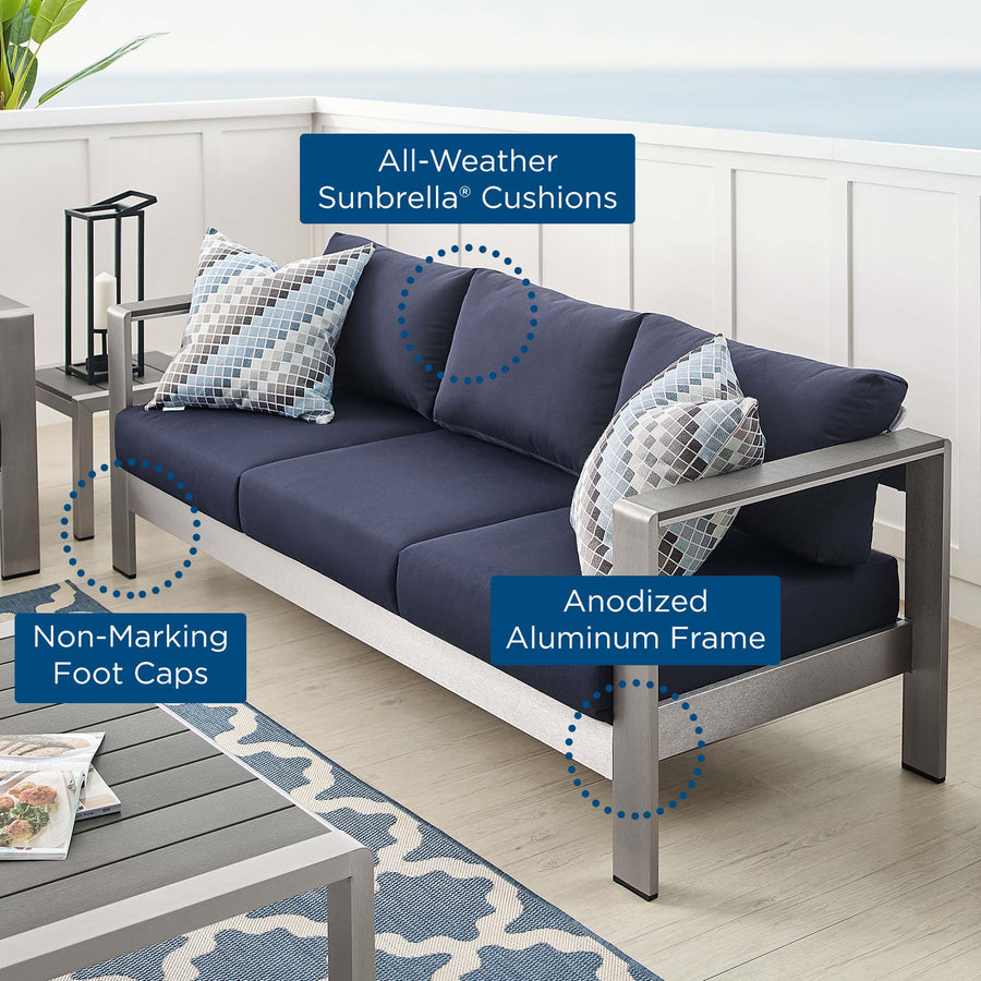 Marlow Sunbrella® Fabric Aluminum Outdoor Patio Sofa in Silver Navy