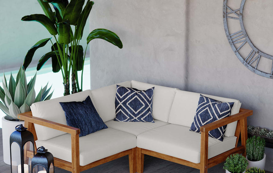 Fable 3-Piece Outdoor Patio Teak Wood Sectional Sofa Set in Natural White