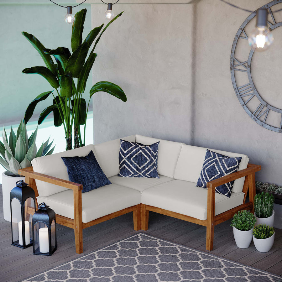 Fable 3-Piece Outdoor Patio Teak Wood Sectional Sofa Set in Natural White