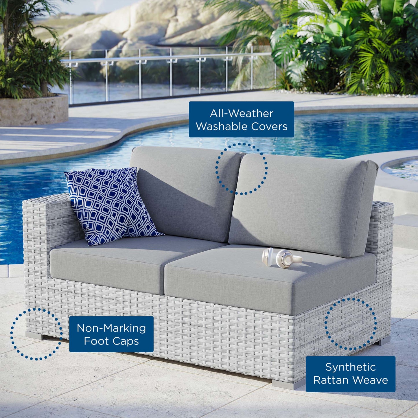 Sienna Outdoor Patio Left-Arm Loveseat in Light Gray Gray