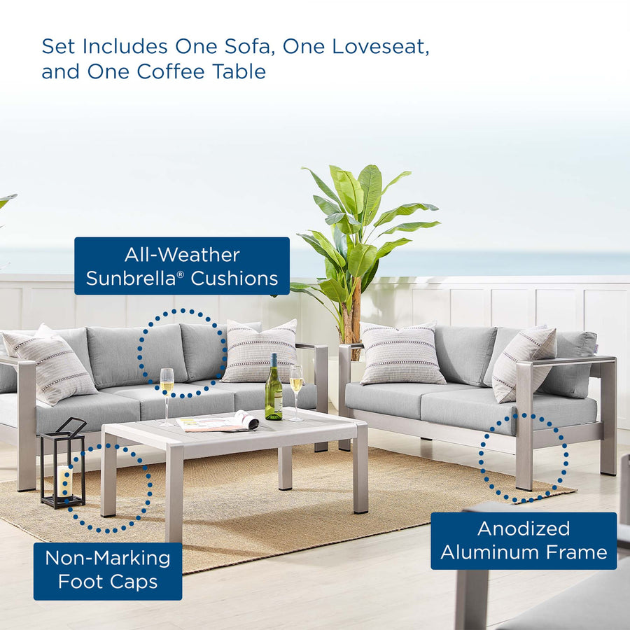 Marlow 3 Piece Sunbrella® Fabric Outdoor Patio Aluminum Set in Silver Gray