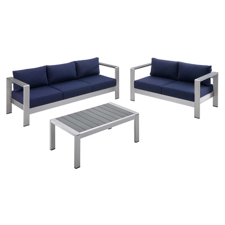 Shore 3 Piece Sunbrella® Fabric Outdoor Patio Aluminum Set in Silver Navy