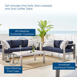 Marlow 3 Piece Sunbrella® Fabric Outdoor Patio Aluminum Set in Silver Navy