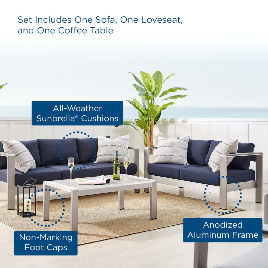 Marlow 3 Piece Sunbrella® Fabric Outdoor Patio Aluminum Set in Silver Navy