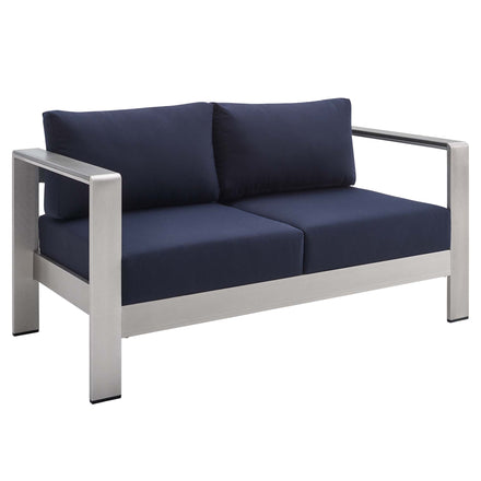 Shore 3 Piece Sunbrella® Fabric Outdoor Patio Aluminum Set in Silver Navy