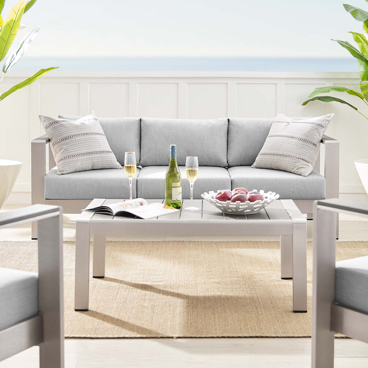 Shore 4 Piece Sunbrella® Fabric Outdoor Patio Aluminum Set in Silver Gray