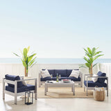 Marlow 4 Piece Sunbrella® Fabric Outdoor Patio Aluminum Set in Silver Navy